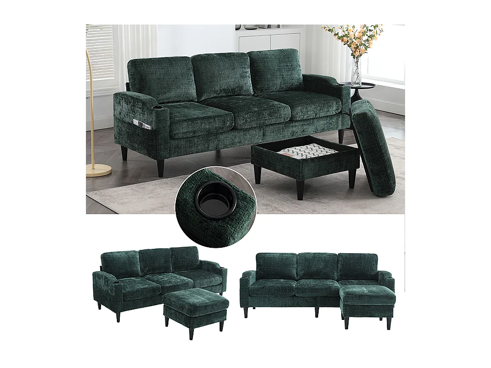 Canapé d'angle 4 places avec pouf et coffre de rangement accoudoirs porte-gobelets poches latérales pieds en plastique revêtement en chenille émeraude
