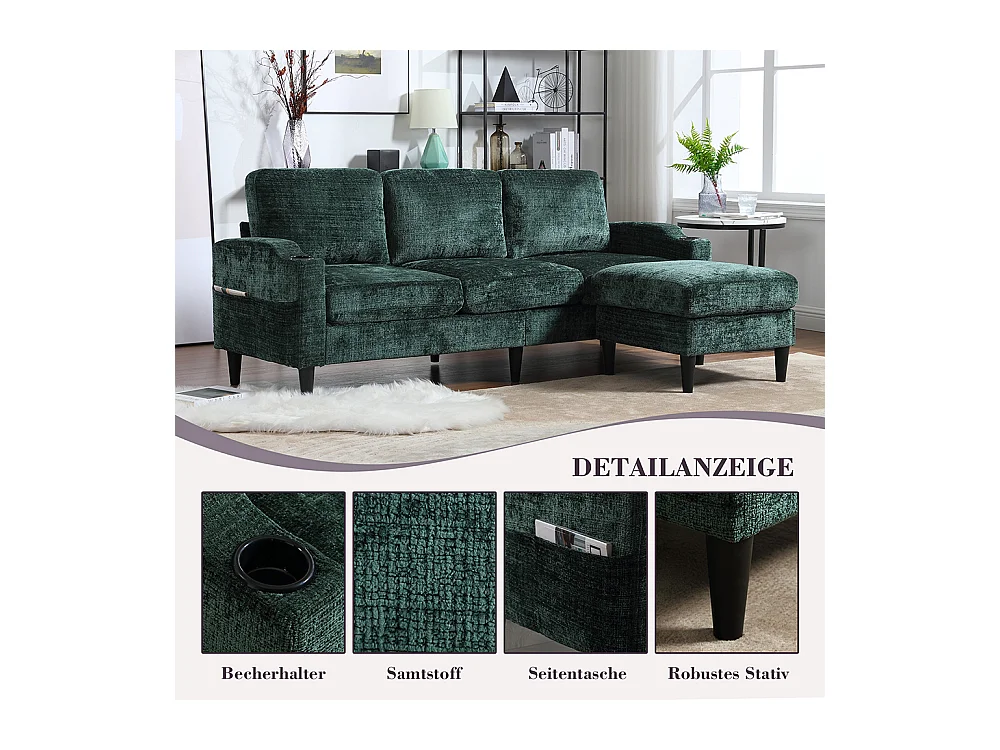 Canapé d'angle 4 places avec pouf et coffre de rangement accoudoirs porte-gobelets poches latérales pieds en plastique revêtement en chenille émeraude