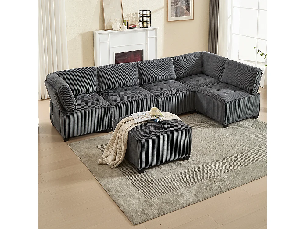 Canapé d'angle 6 places en velours côtelé ergonomique avec poches de rangement modulable en U/L ou lit structure bois métal montage facile gris