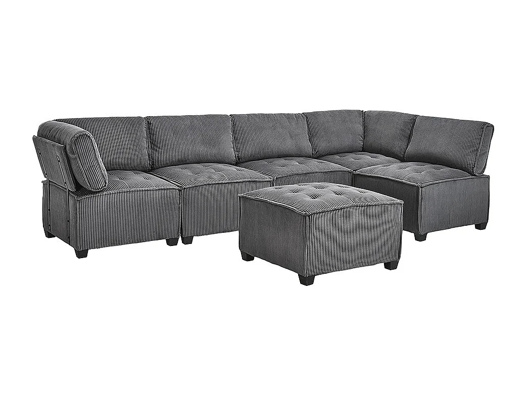 Canapé d'angle 6 places en velours côtelé ergonomique avec poches de rangement modulable en U/L ou lit structure bois métal montage facile gris