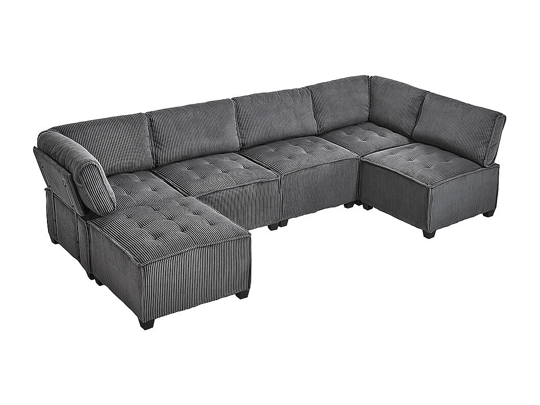 Canapé d'angle 6 places en velours côtelé ergonomique avec poches de rangement modulable en U/L ou lit structure bois métal montage facile gris