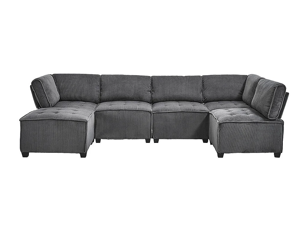 Canapé d'angle 6 places en velours côtelé ergonomique avec poches de rangement modulable en U/L ou lit structure bois métal montage facile gris