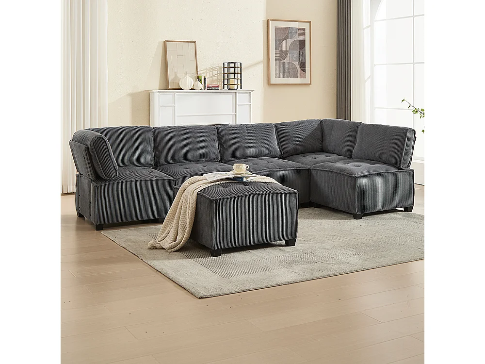 Canapé d'angle 6 places en velours côtelé ergonomique avec poches de rangement modulable en U/L ou lit structure bois métal montage facile gris