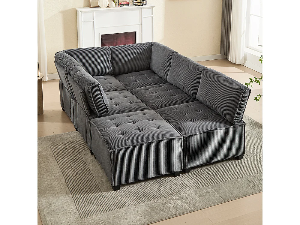 Canapé d'angle 6 places en velours côtelé ergonomique avec poches de rangement modulable en U/L ou lit structure bois métal montage facile gris