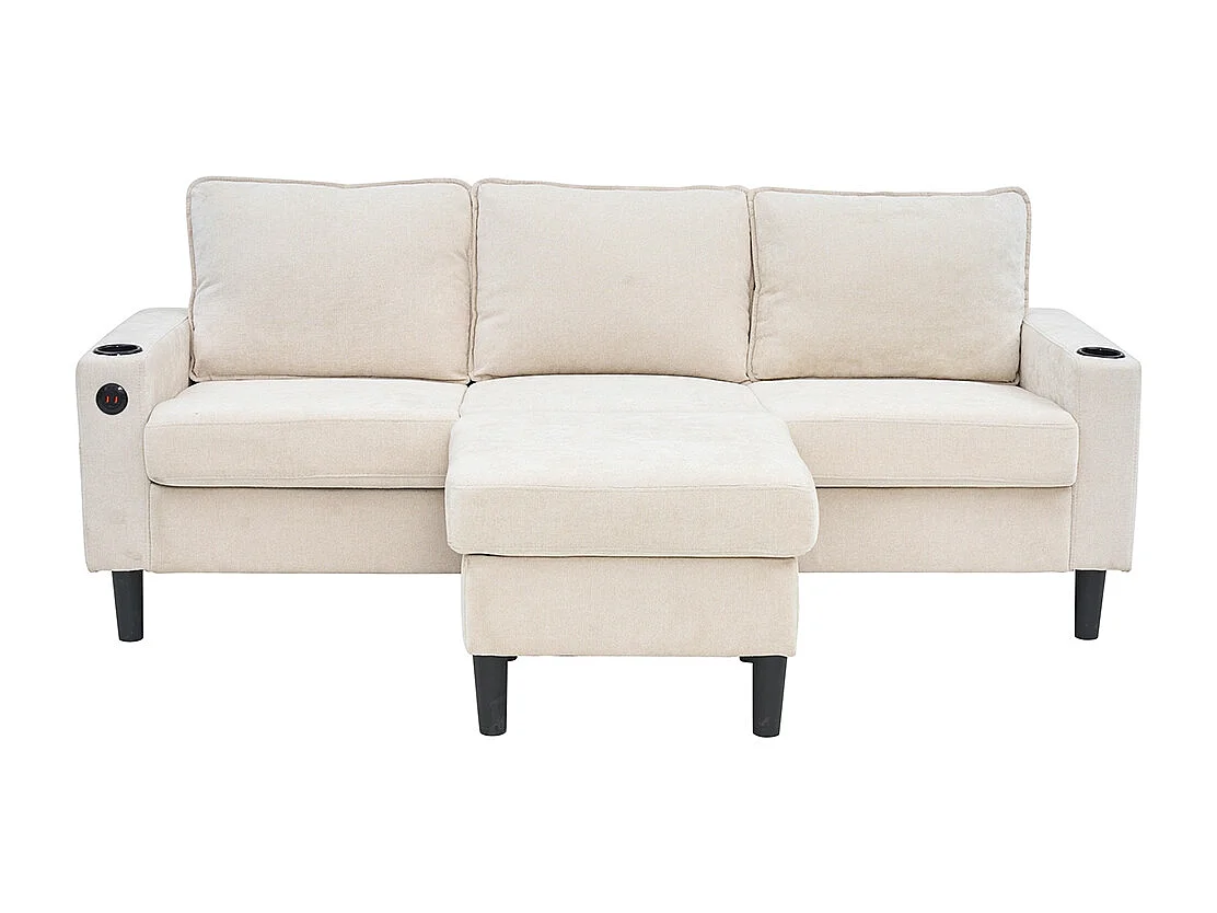 Canape d'angle rembourrés 3 places avec ports USB et Type-C avec deux porte-gobelets lin beige