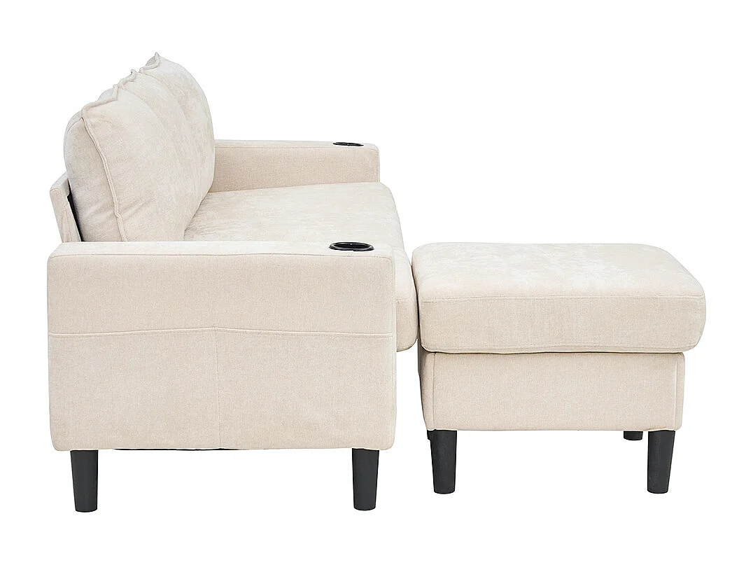 Canape d'angle rembourrés 3 places avec ports USB et Type-C avec deux porte-gobelets lin beige