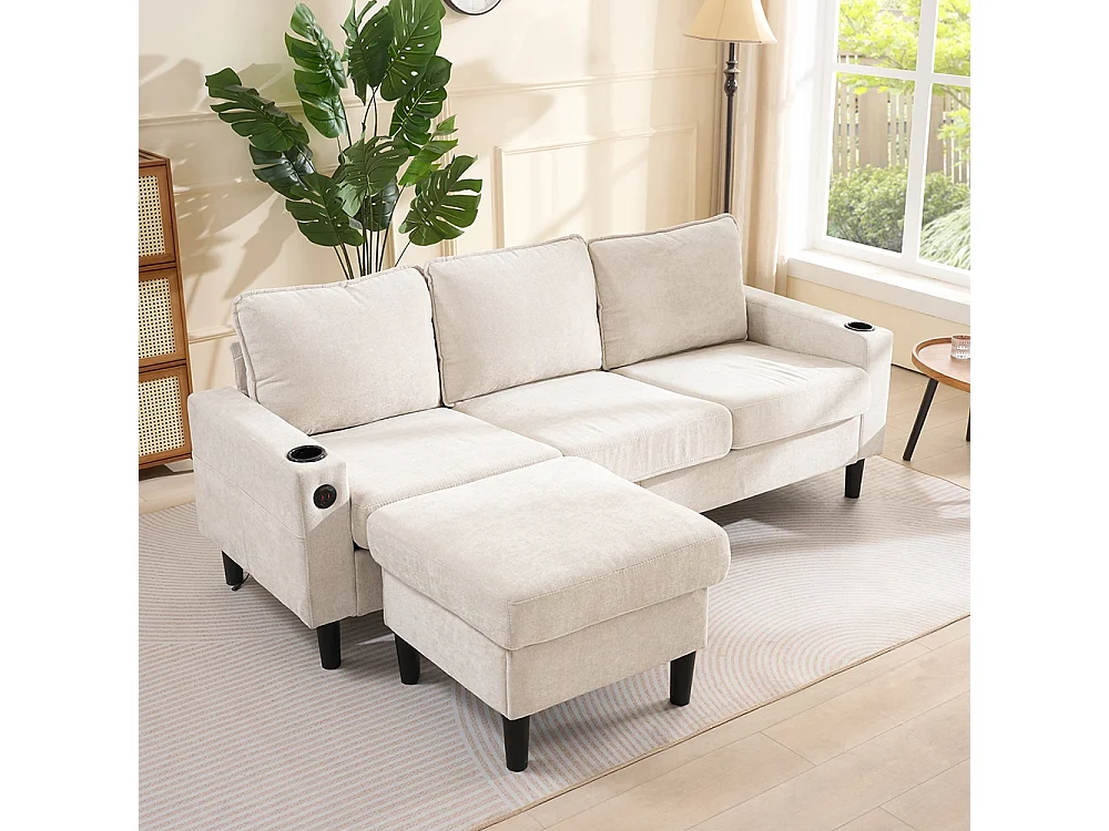 Canape d'angle rembourrés 3 places avec ports USB et Type-C avec deux porte-gobelets lin beige