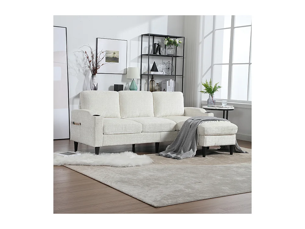 Canapé d'angle 4 places avec pouf et coffre de rangement accoudoirs porte-gobelets poches latérales pieds en plastique revêtement en chenille beige