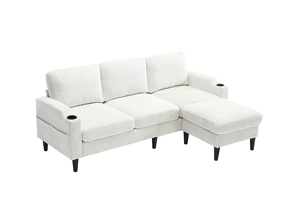 Canapé d'angle 4 places avec pouf et coffre de rangement accoudoirs porte-gobelets poches latérales pieds en plastique revêtement en chenille beige