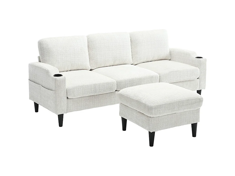 Canapé d'angle 4 places avec pouf et coffre de rangement accoudoirs porte-gobelets poches latérales pieds en plastique revêtement en chenille beige