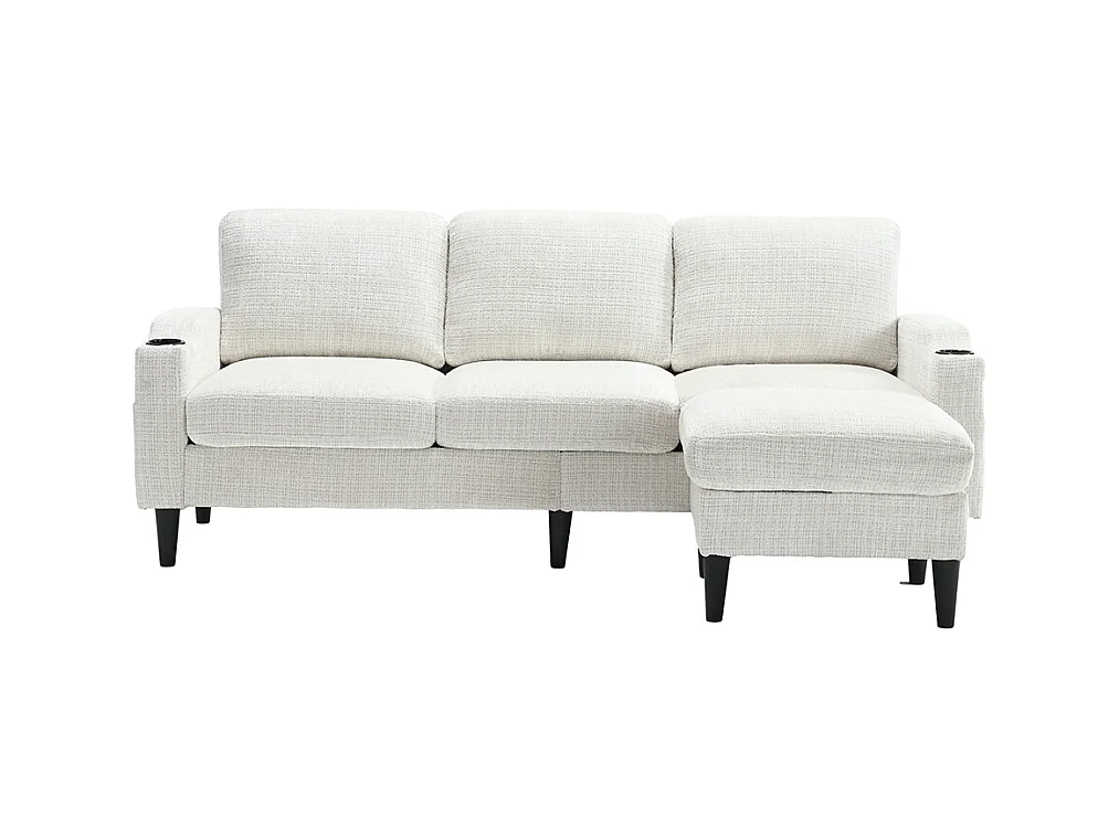 Canapé d'angle 4 places avec pouf et coffre de rangement accoudoirs porte-gobelets poches latérales pieds en plastique revêtement en chenille beige