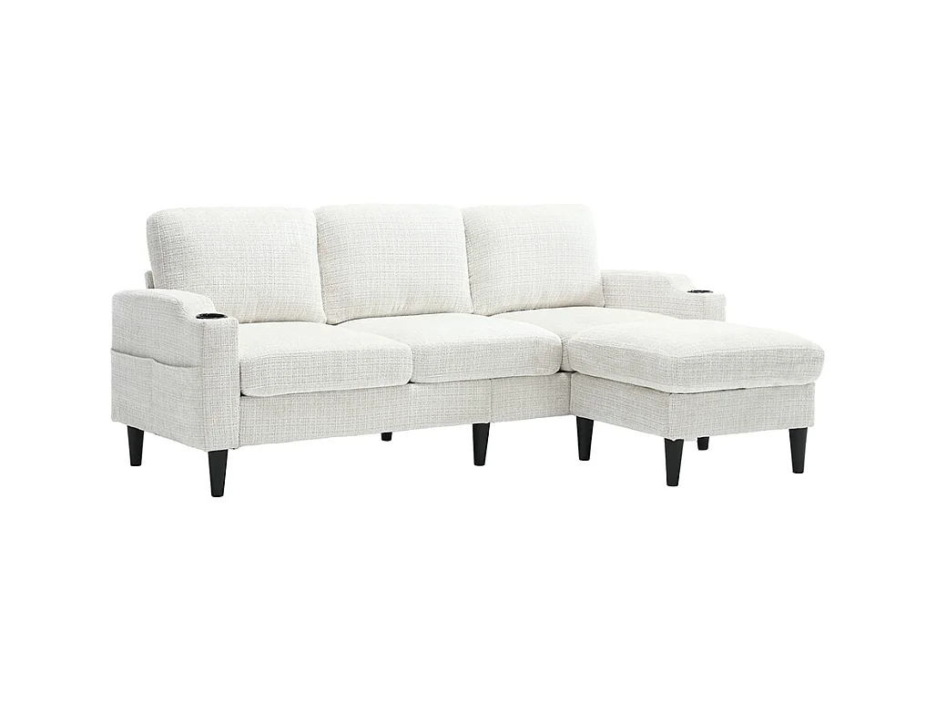 Canapé d'angle 4 places avec pouf et coffre de rangement accoudoirs porte-gobelets poches latérales pieds en plastique revêtement en chenille beige