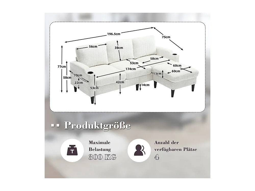 Canapé d'angle 4 places avec pouf et coffre de rangement accoudoirs porte-gobelets poches latérales pieds en plastique revêtement en chenille beige