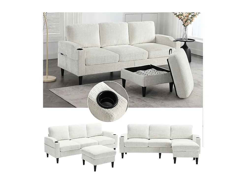 Canapé d'angle 4 places avec pouf et coffre de rangement accoudoirs porte-gobelets poches latérales pieds en plastique revêtement en chenille beige