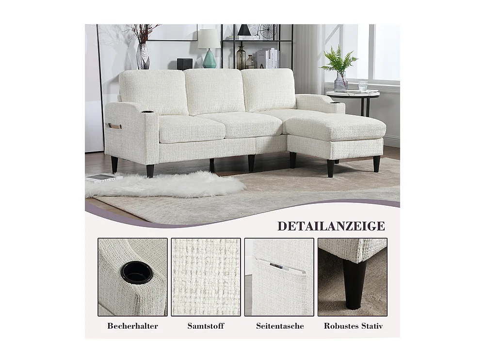 Canapé d'angle 4 places avec pouf et coffre de rangement accoudoirs porte-gobelets poches latérales pieds en plastique revêtement en chenille beige