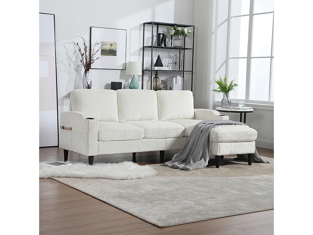 Canapé d'angle 4 places avec pouf et coffre de rangement accoudoirs porte-gobelets poches latérales pieds en plastique revêtement en chenille beige