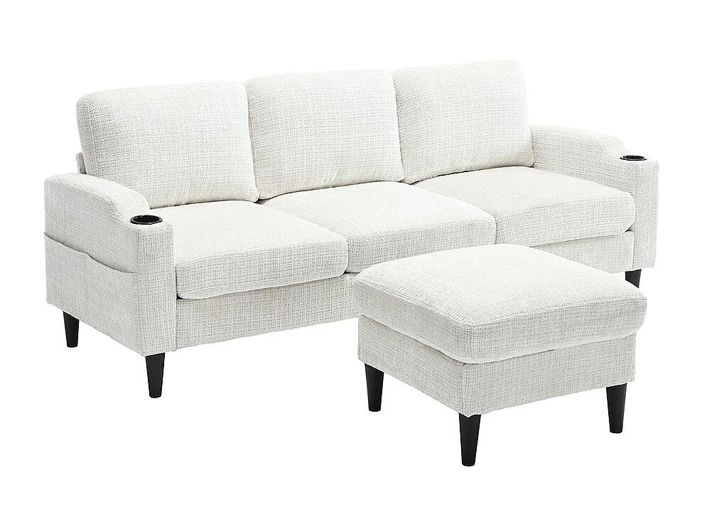 Canapé d'angle 4 places avec pouf et coffre de rangement accoudoirs porte-gobelets poches latérales pieds en plastique revêtement en chenille beige