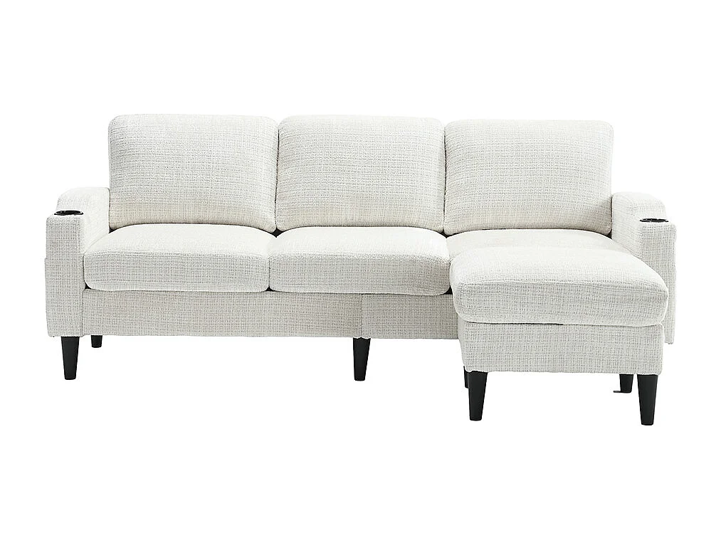 Canapé d'angle 4 places avec pouf et coffre de rangement accoudoirs porte-gobelets poches latérales pieds en plastique revêtement en chenille beige