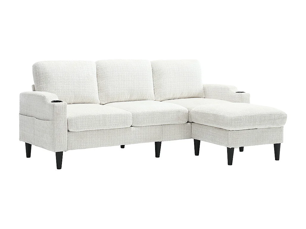 Canapé d'angle 4 places avec pouf et coffre de rangement accoudoirs porte-gobelets poches latérales pieds en plastique revêtement en chenille beige