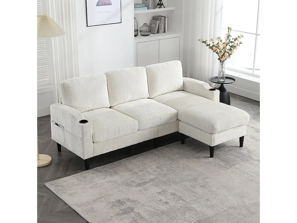 Canapé d'angle 4 places avec pouf et coffre de rangement accoudoirs porte-gobelets poches latérales pieds en plastique revêtement en chenille beige