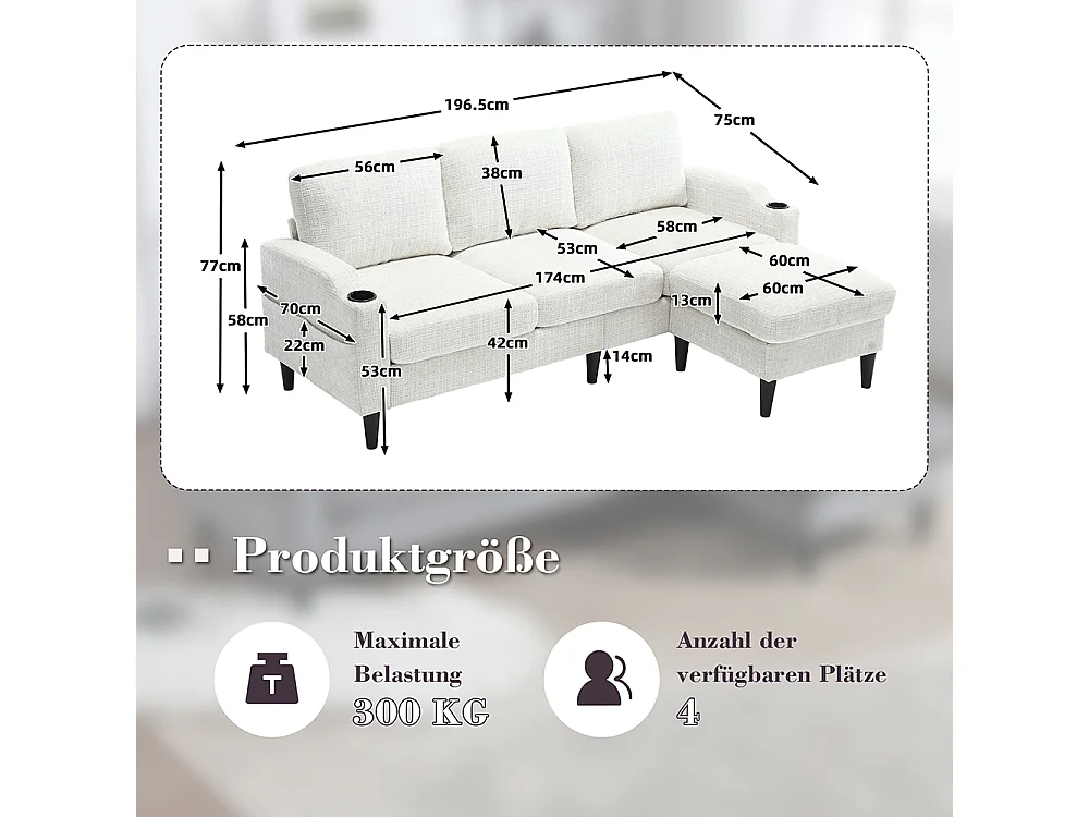 Canapé d'angle 4 places avec pouf et coffre de rangement accoudoirs porte-gobelets poches latérales pieds en plastique revêtement en chenille beige