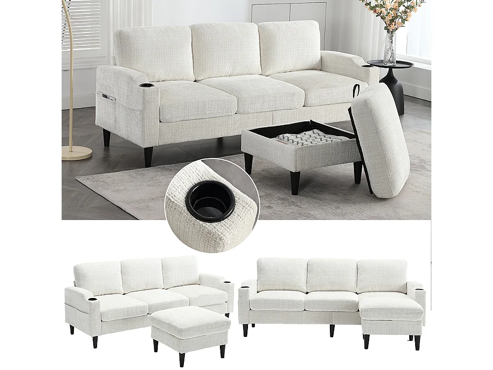 Canapé d'angle 4 places avec pouf et coffre de rangement accoudoirs porte-gobelets poches latérales pieds en plastique revêtement en chenille beige