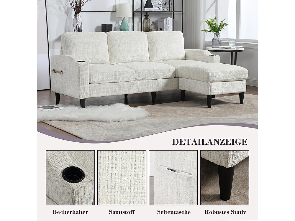 Canapé d'angle 4 places avec pouf et coffre de rangement accoudoirs porte-gobelets poches latérales pieds en plastique revêtement en chenille beige