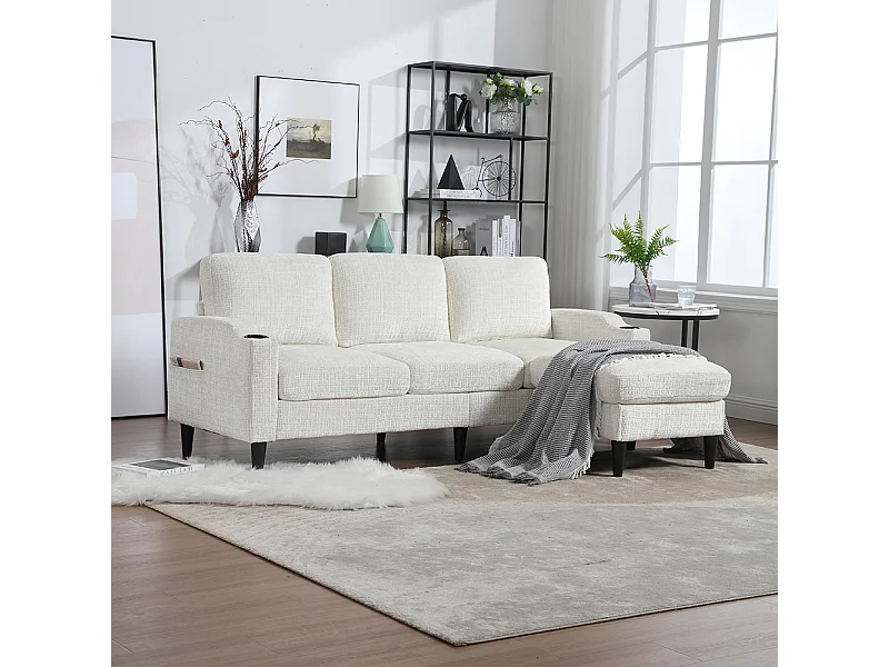 Canapé d'angle 4 places avec pouf et coffre de rangement accoudoirs porte-gobelets poches latérales pieds en plastique revêtement en chenille beige