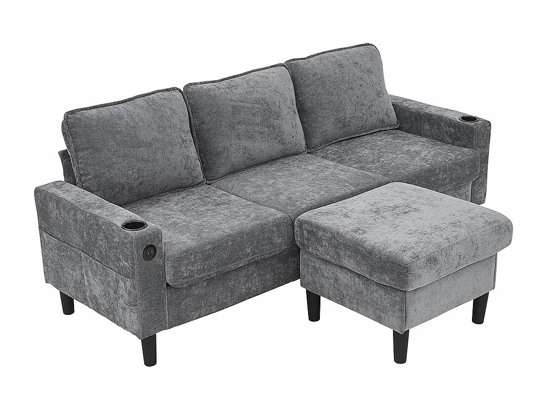 Canape d'angle rembourrés 3 places avec ports USB et Type-C avec deux porte-gobelets lin gris