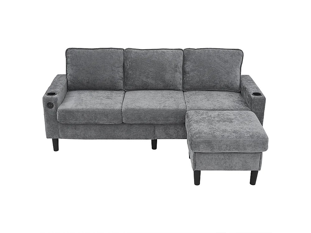 Canape d'angle rembourrés 3 places avec ports USB et Type-C avec deux porte-gobelets lin gris