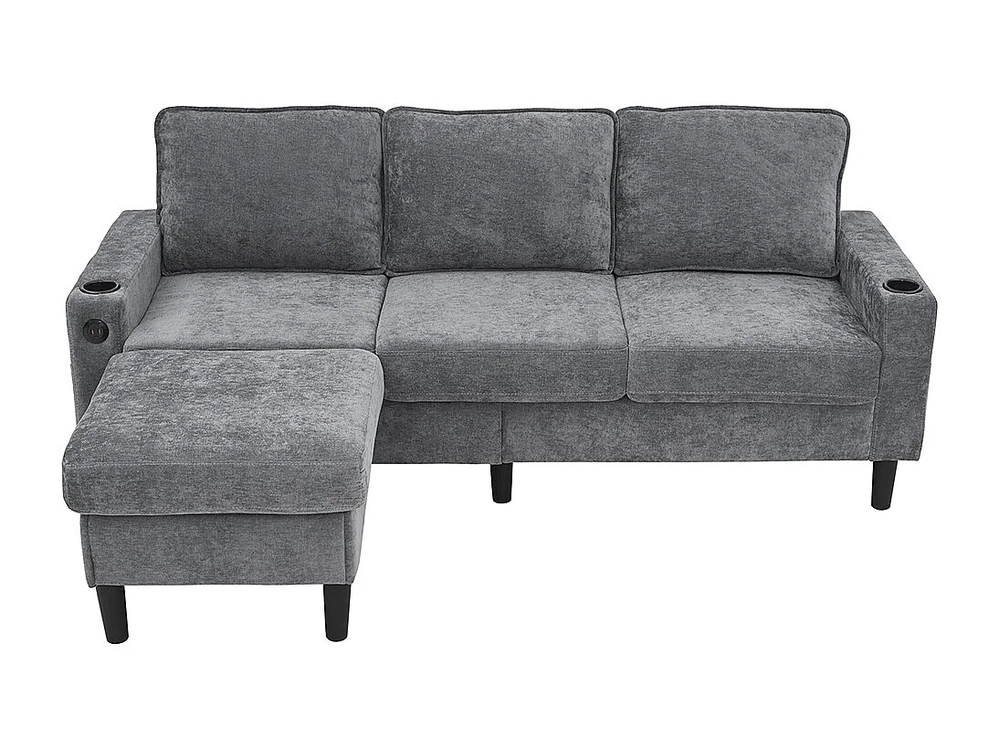 Canape d'angle rembourrés 3 places avec ports USB et Type-C avec deux porte-gobelets lin gris