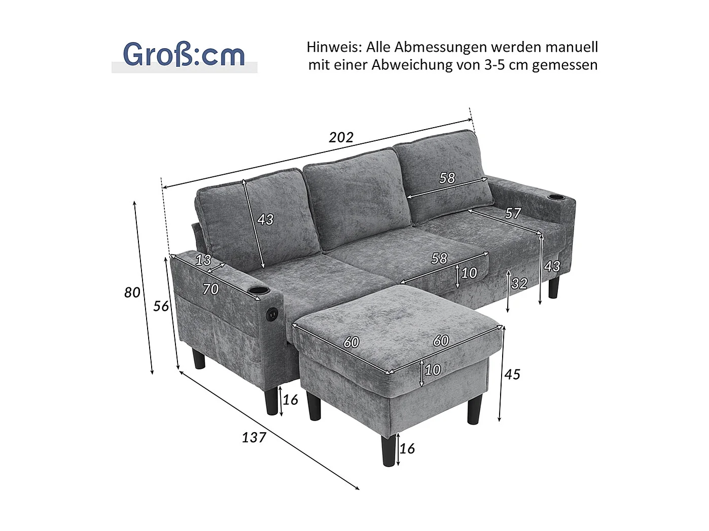 Canape d'angle rembourrés 3 places avec ports USB et Type-C avec deux porte-gobelets lin gris