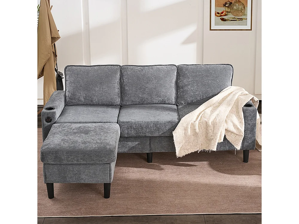 Canape d'angle rembourrés 3 places avec ports USB et Type-C avec deux porte-gobelets lin gris