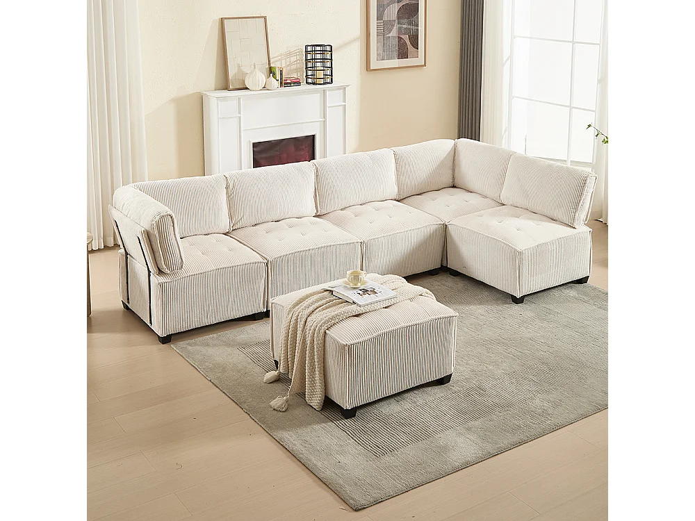 Canapé d'angle 6 places en velours côtelé ergonomique avec poches de rangement modulable en U/L ou lit structure bois métal montage facile beige