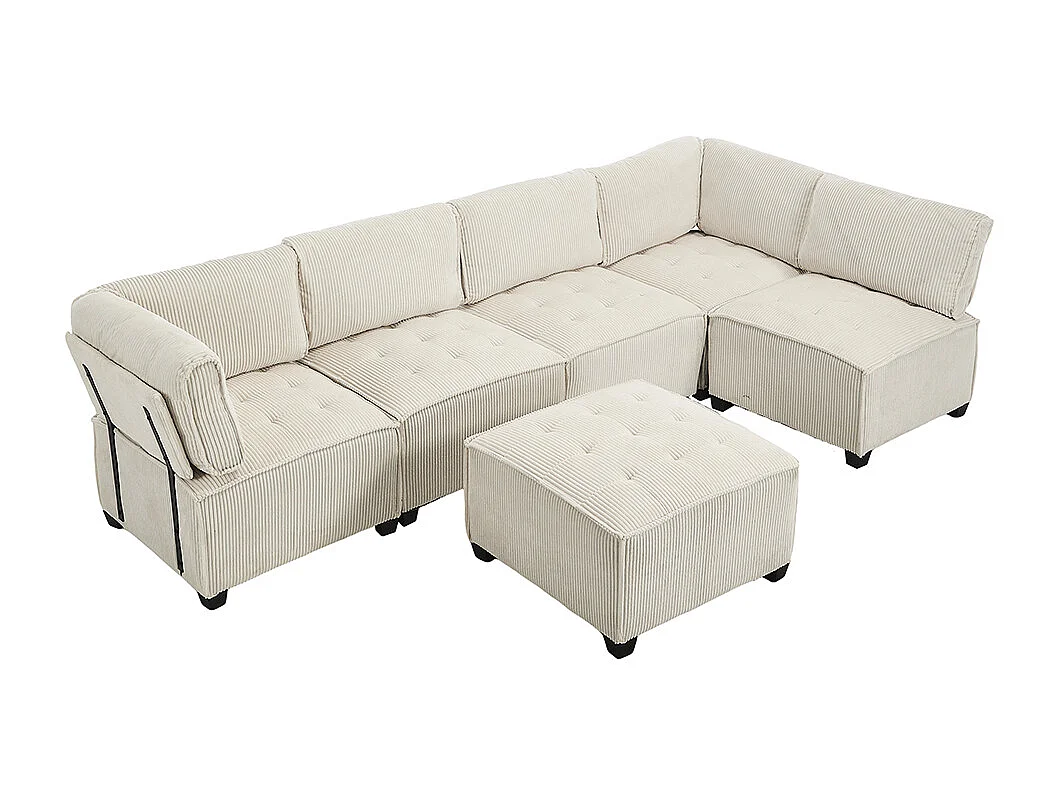 Canapé d'angle 6 places en velours côtelé ergonomique avec poches de rangement modulable en U/L ou lit structure bois métal montage facile beige