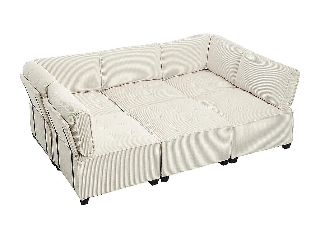 Canapé d'angle 6 places en velours côtelé ergonomique avec poches de rangement modulable en U/L ou lit structure bois métal montage facile beige