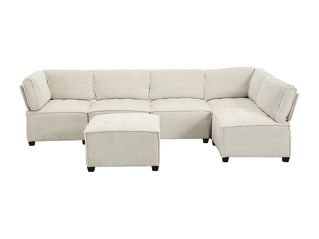 Canapé d'angle 6 places en velours côtelé ergonomique avec poches de rangement modulable en U/L ou lit structure bois métal montage facile beige