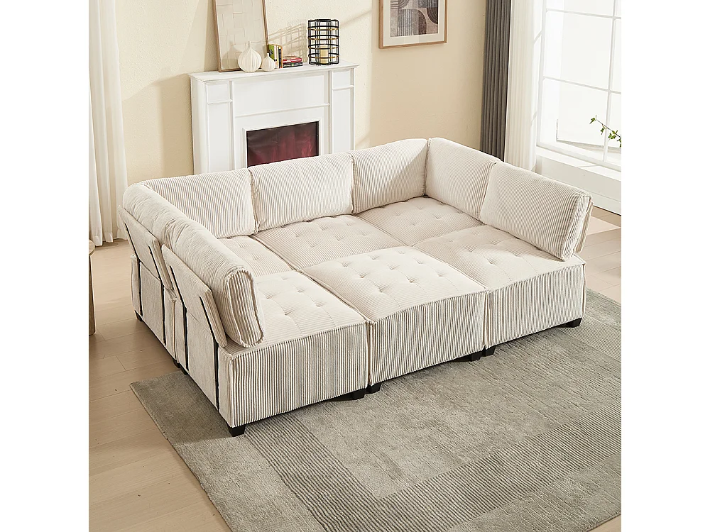 Canapé d'angle 6 places en velours côtelé ergonomique avec poches de rangement modulable en U/L ou lit structure bois métal montage facile beige