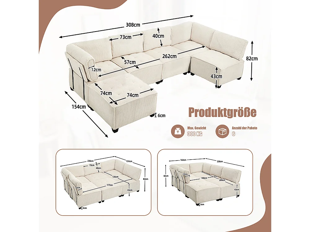 Canapé d'angle 6 places en velours côtelé ergonomique avec poches de rangement modulable en U/L ou lit structure bois métal montage facile beige