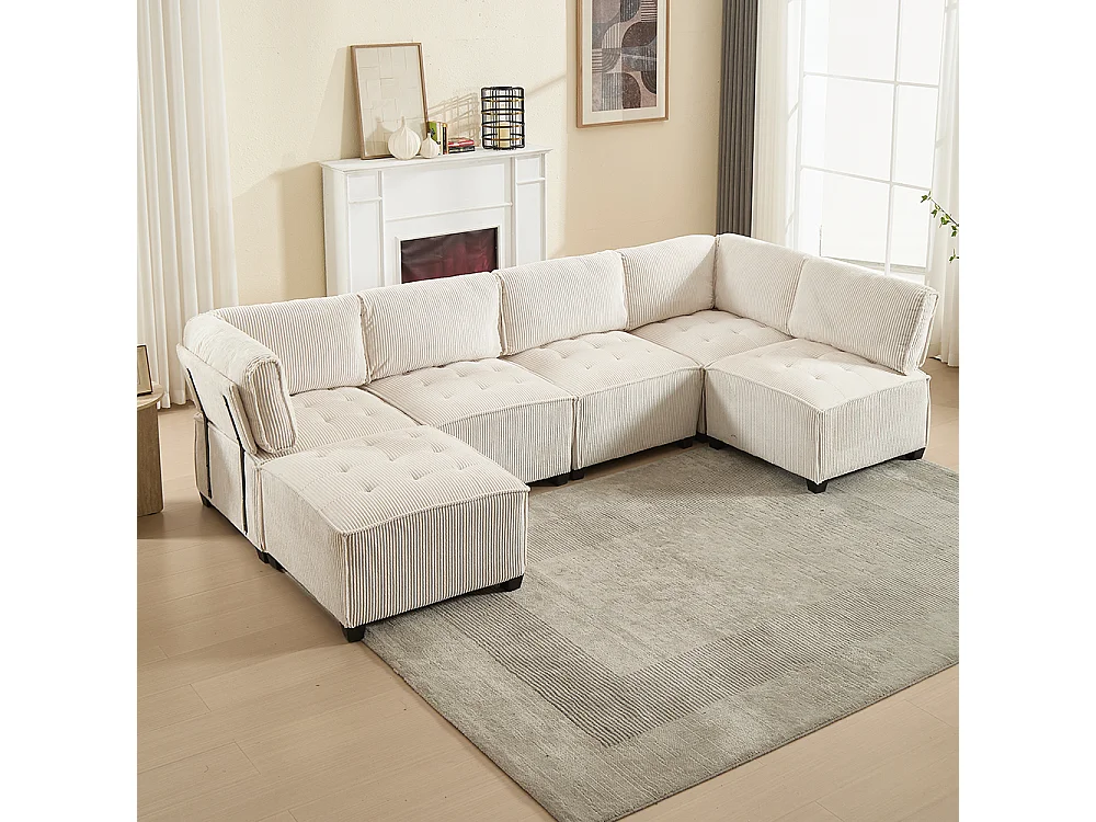 Canapé d'angle 6 places en velours côtelé ergonomique avec poches de rangement modulable en U/L ou lit structure bois métal montage facile beige