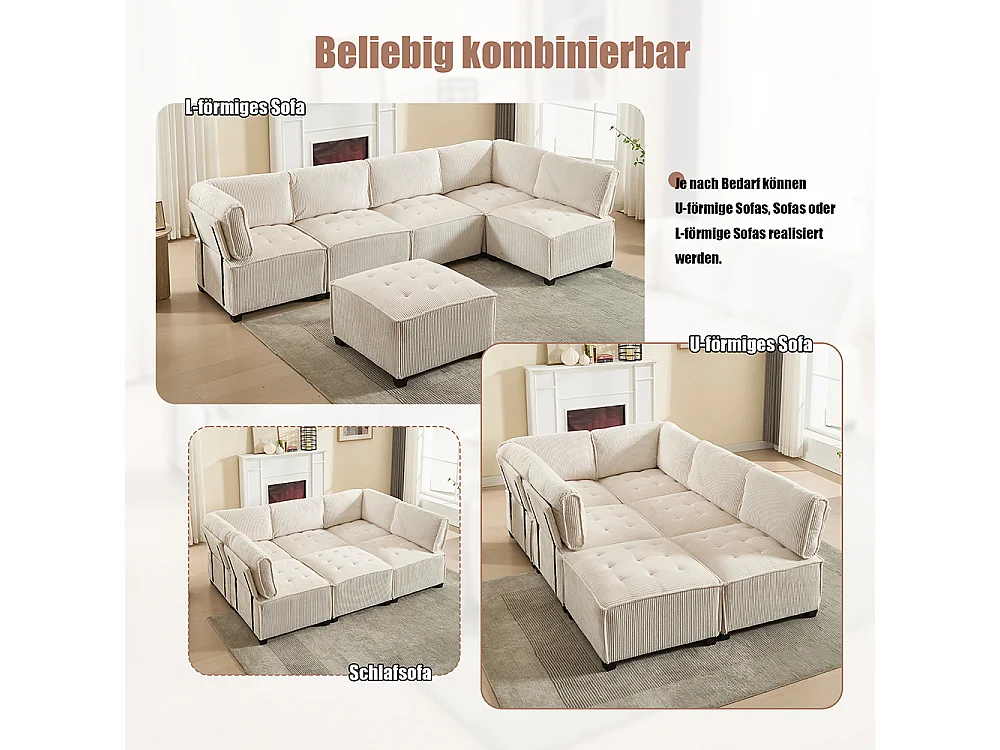 Canapé d'angle 6 places en velours côtelé ergonomique avec poches de rangement modulable en U/L ou lit structure bois métal montage facile beige