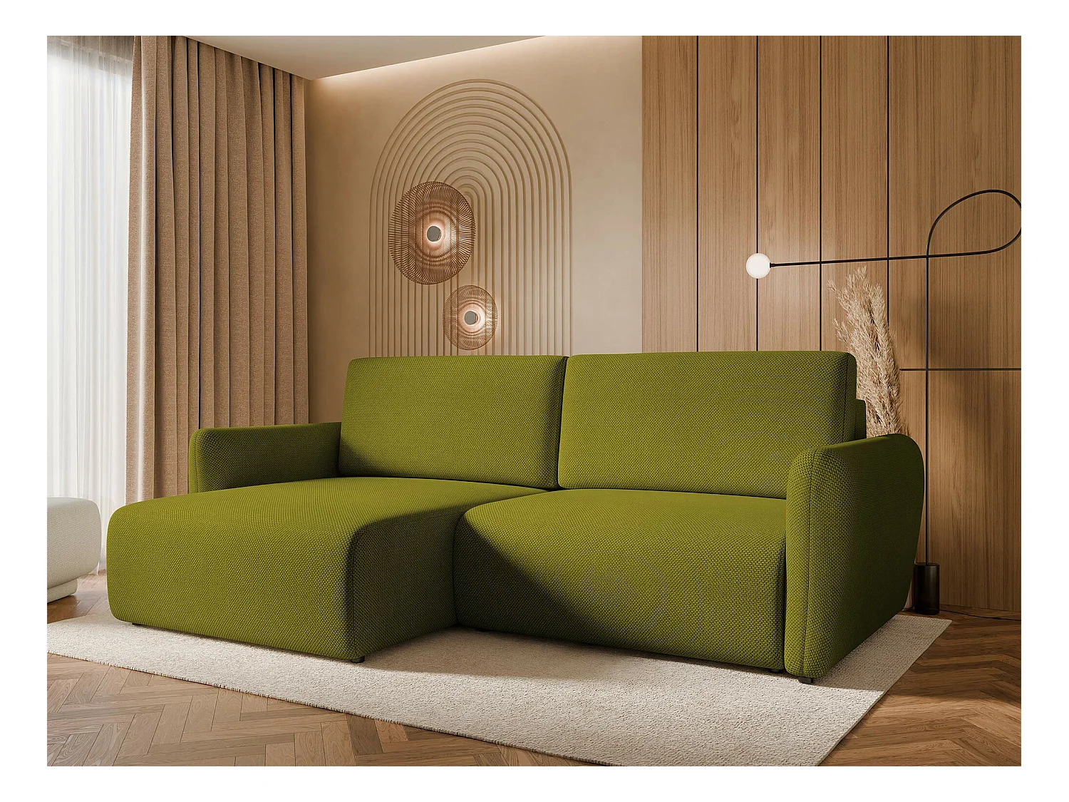 Canapé d'angle Temple 131, Vert, Fonction de couchage, Boîte de literie, 234x140x81cm
