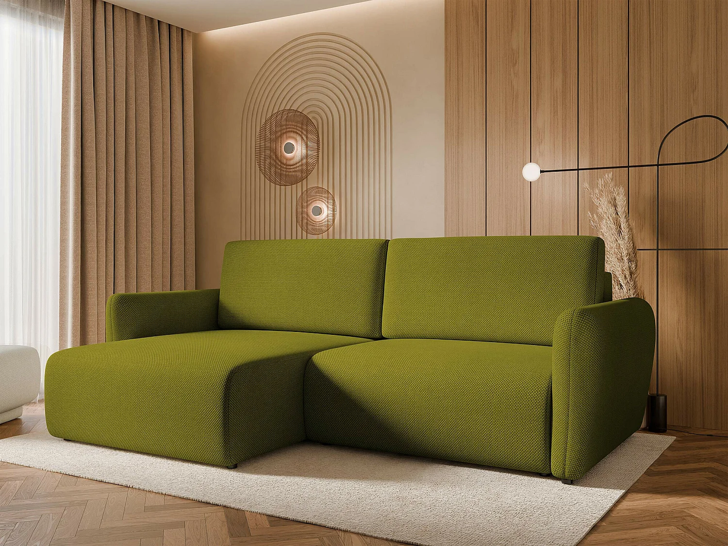 Sofá rinconero Temple 131, Verde, Función de descanso, Almacenaje, 234x140x81cm