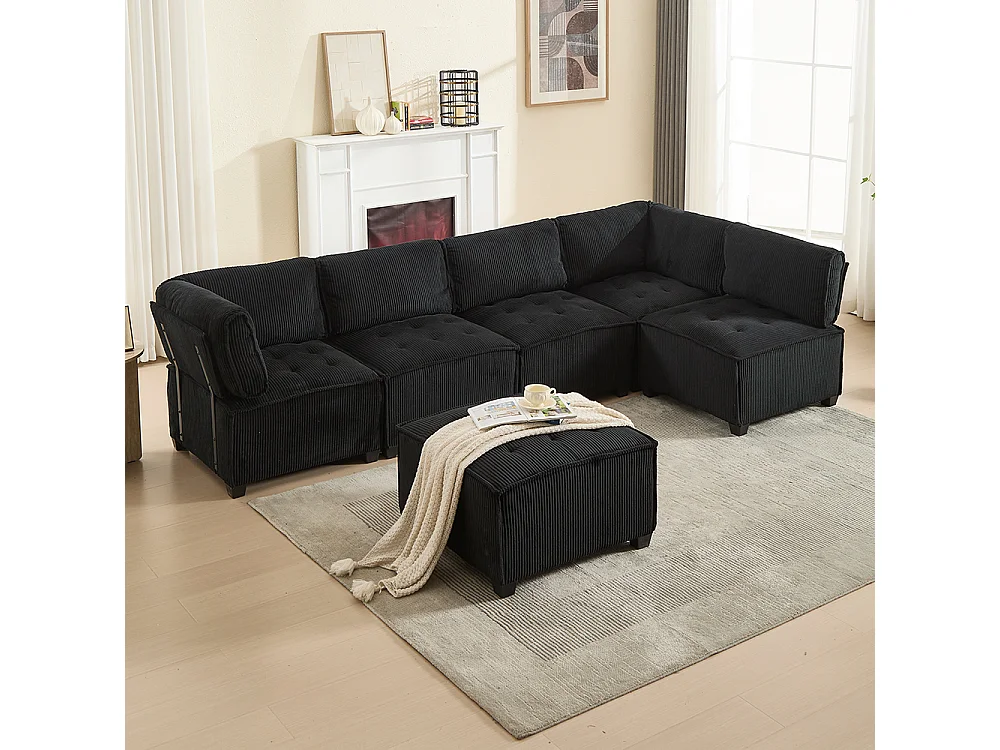 Canapé d'angle 6 places en velours côtelé ergonomique avec poches de rangement modulable en U/L ou lit structure bois métal montage facile noir