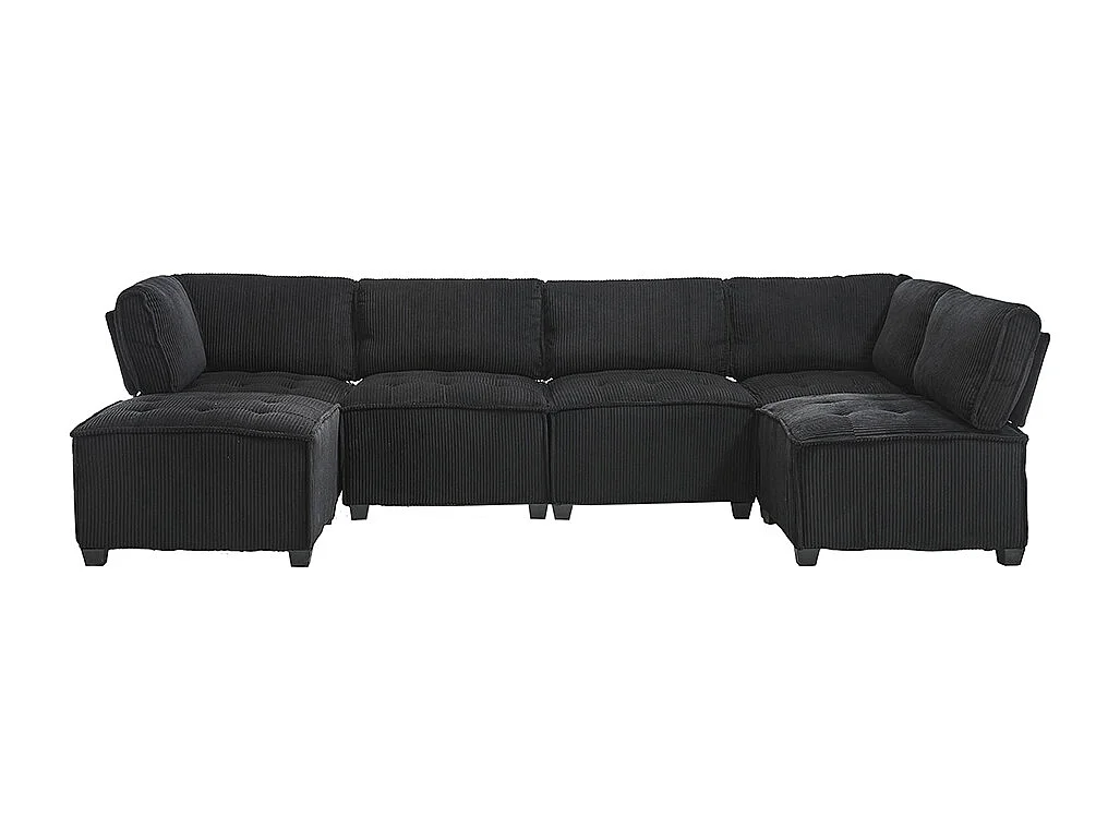 Canapé d'angle 6 places en velours côtelé ergonomique avec poches de rangement modulable en U/L ou lit structure bois métal montage facile noir