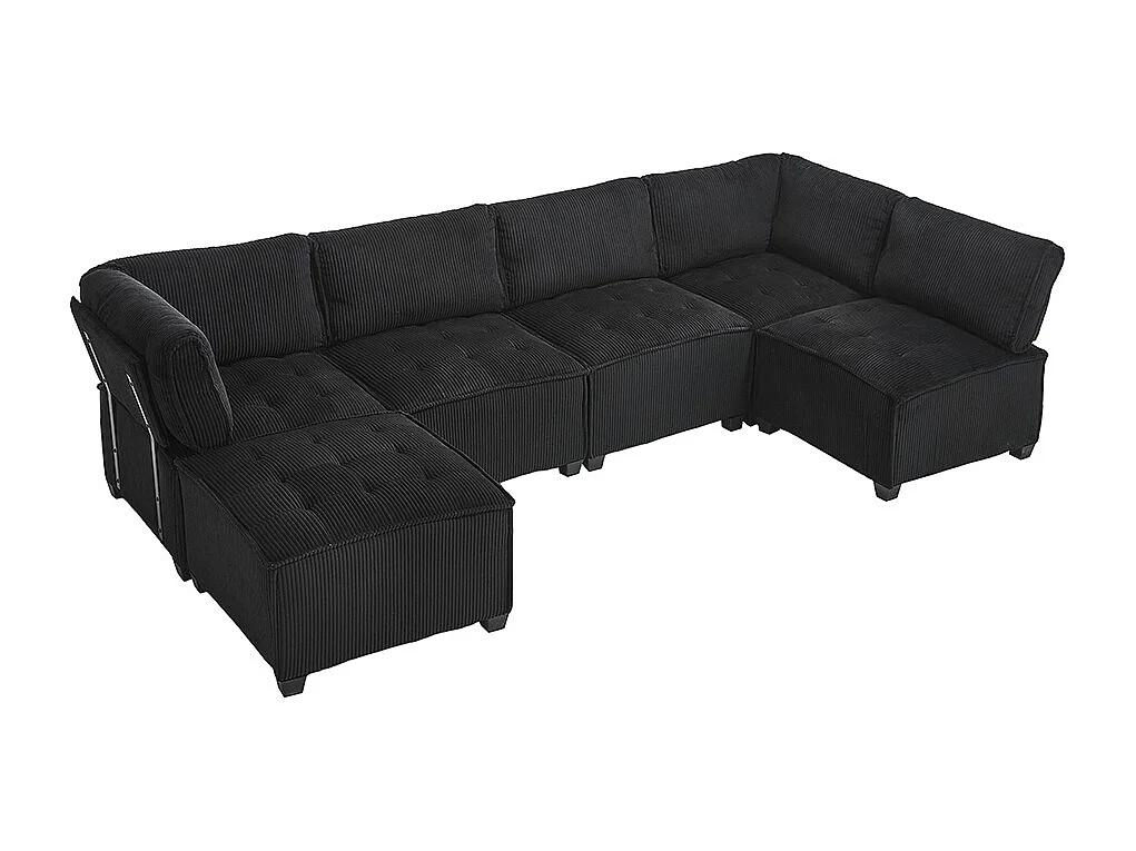 Canapé d'angle 6 places en velours côtelé ergonomique avec poches de rangement modulable en U/L ou lit structure bois métal montage facile noir