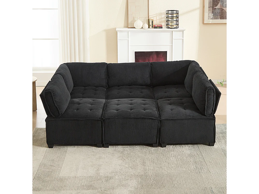 Canapé d'angle 6 places en velours côtelé ergonomique avec poches de rangement modulable en U/L ou lit structure bois métal montage facile noir