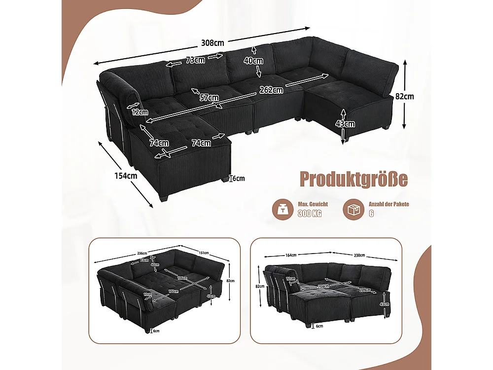 Canapé d'angle 6 places en velours côtelé ergonomique avec poches de rangement modulable en U/L ou lit structure bois métal montage facile noir