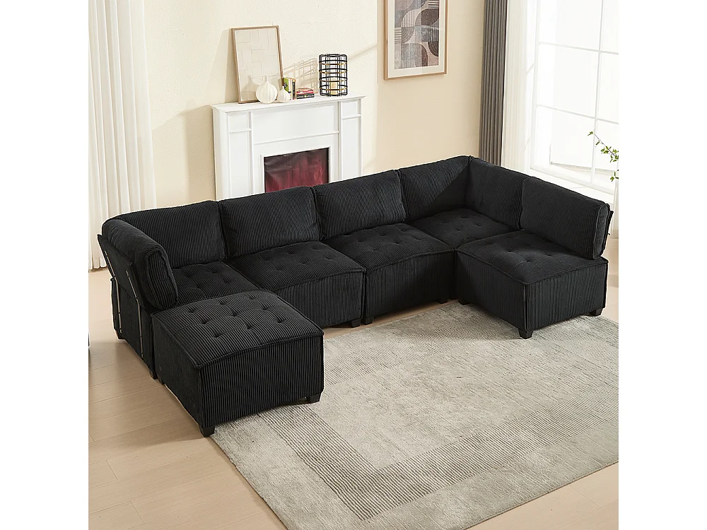 Canapé d'angle 6 places en velours côtelé ergonomique avec poches de rangement modulable en U/L ou lit structure bois métal montage facile noir