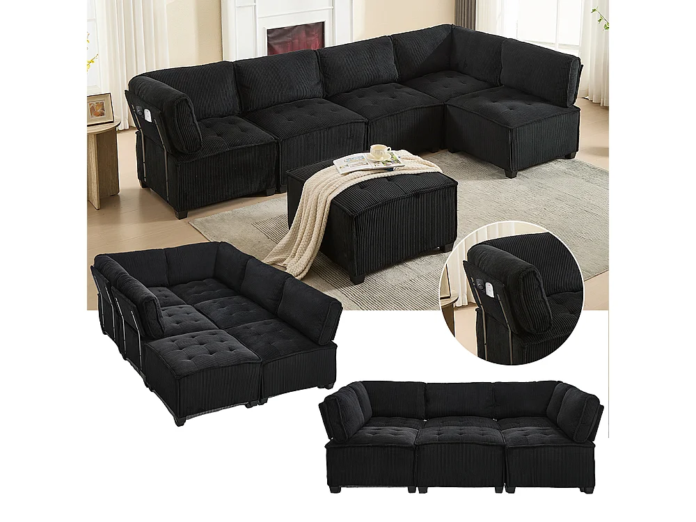 Canapé d'angle 6 places en velours côtelé ergonomique avec poches de rangement modulable en U/L ou lit structure bois métal montage facile noir